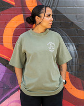 Load image into Gallery viewer, SAGE GREEN OVERSIZED T-SHIRT WITH FULL PROTECT YOUR ENERGY LOGO EMBROIDERED