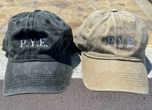 Load image into Gallery viewer, BLACK AND KHAKI UNISEX COTTON BASEBALL CAP EMBROIDERED P.Y.E. LOGO
