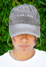 Load image into Gallery viewer, UNISEX DISTRESSED BASEBALL CAP. UNBOTHERED LOGO EMBROIDERED. COFFEE COLOR
