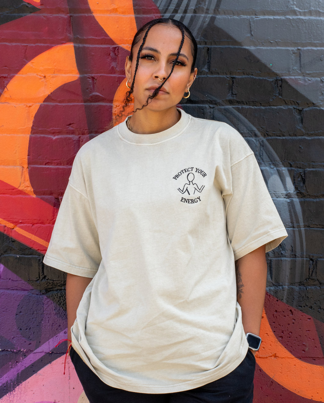 LIGHT SAND OVERSIZED T-SHIRT WITH FULL PROTECT YOUR ENERGY LOGO EMBROIDERED